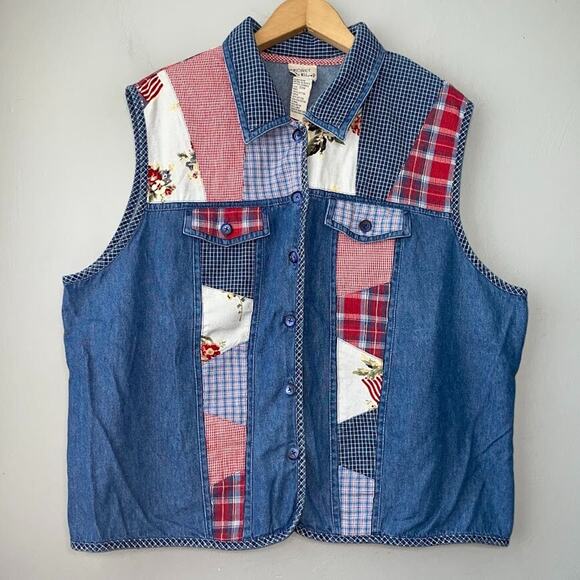 Vintage Koret Blues Plus Size 20W Patchwork Denim Vest Country Teacher Grandma - Picture 1 of 7